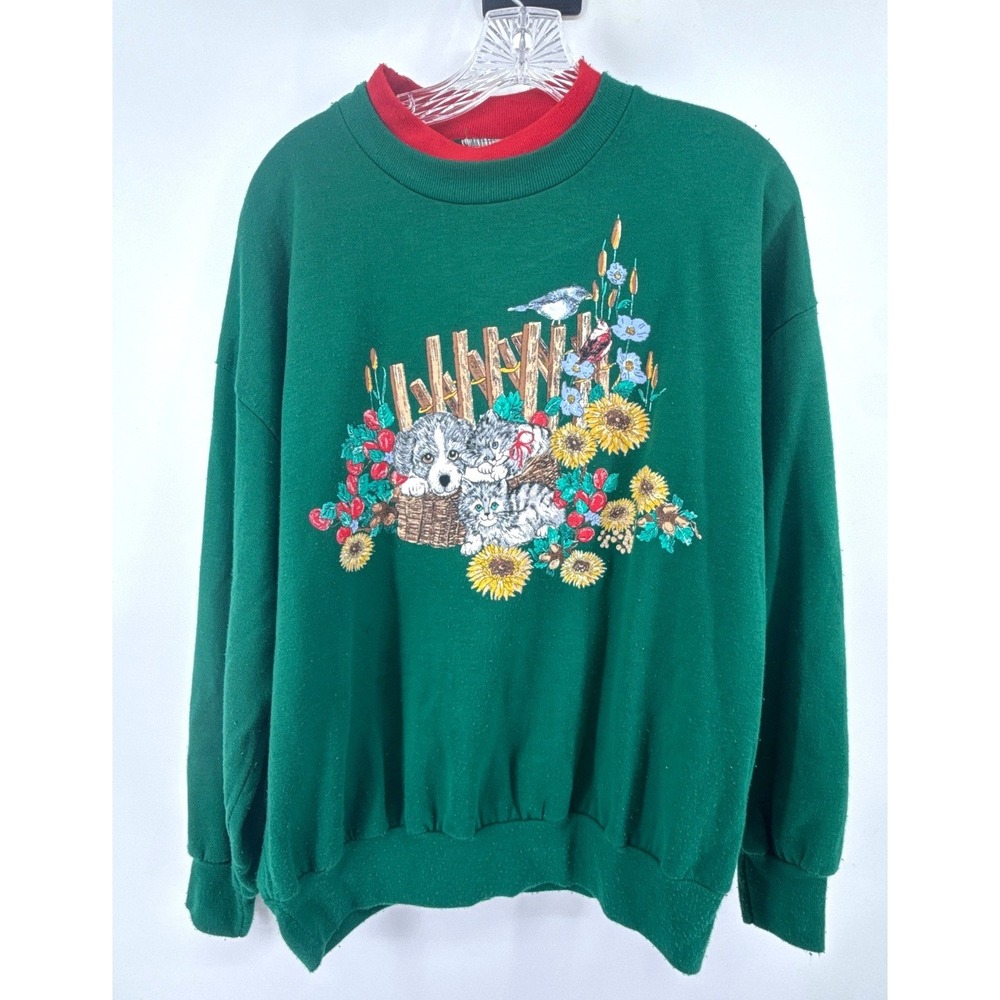 Vintage Basic Editions Puppy Kitten Sunflower Sweatshirt XL Made USA Cottagecore